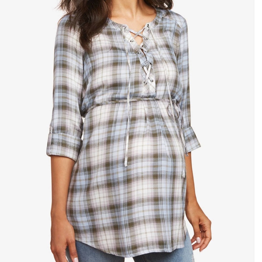 Motherhood Maternity Blue Flannel Plaid Lace-Up Long Sleeve Tunic Top Large